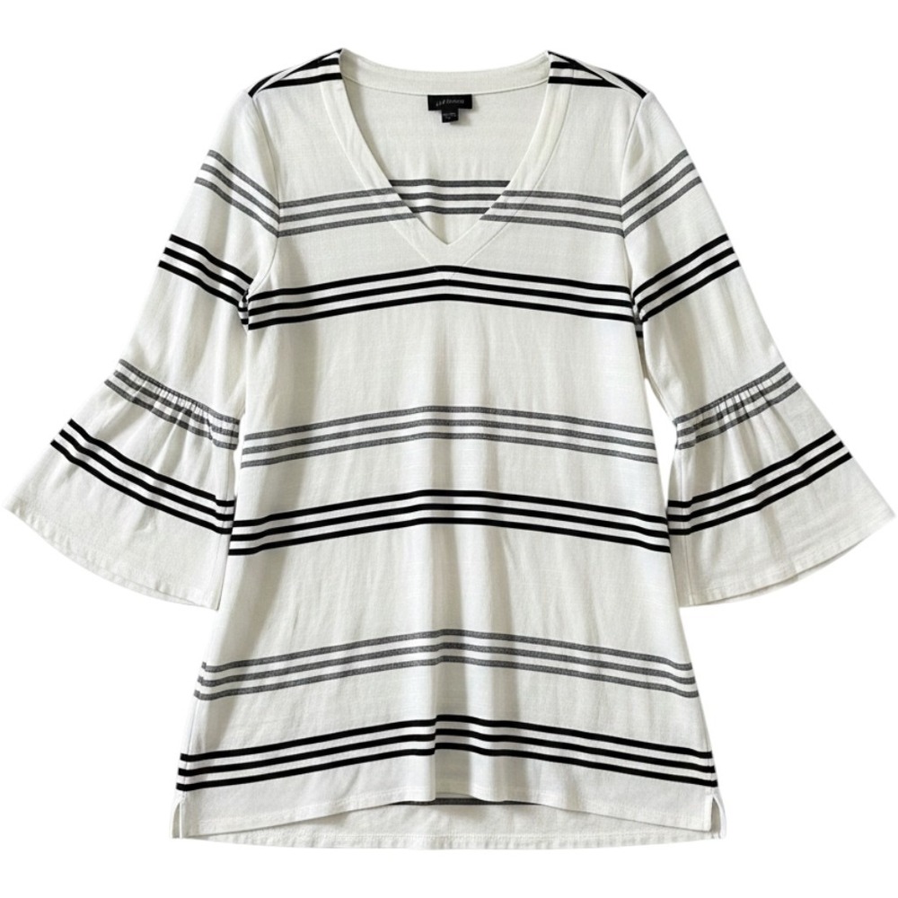 J. Jill Wearever Striped Tunic Top V-Neck Long Sleeve Black White Small